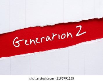 Torn Paper On Red Background With Handwritten Text GEN Z, Means Generation Z Or Zoomers Who Was Born 1997-2012, Following Millennials - Raised On Internet And Social Media