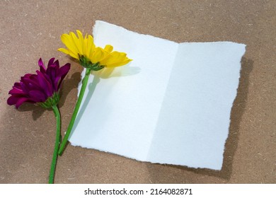 Torn Paper On Wooden Surface And Sunflower Flat Lay With Copy Space.