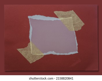 Torn Paper Piece Fixed By Crepe Tape On Red Paper Background. Collage Template Or Mixed Media Poster Asset.