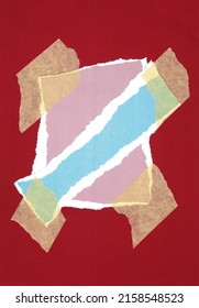 Torn Paper Pieces Overlapping Each Other Fixed By Crepe Tape On Red Paper Background. Collage Template Or Mixed Media Poster Asset.