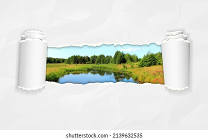 Torn Paper With Summer Landscape In Opening Background