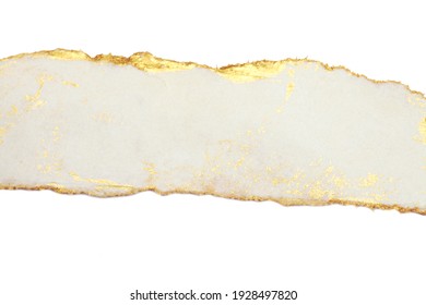 Torn Piece Of Edge Paper On White Horizontal Long Background. Gold And Bronze Color Marble Texture.