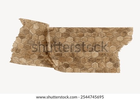 A torn piece of hexagonal patterned fabric. The fabric features a rustic, hexagonal design. Hexagonal shapes create a textured, vintage look on the fabric. Gold pattern washi tape. Creative washi tape