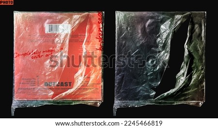 Torn up plastic wrap texture overlay mockup for your cover art design. ( translation : lorem ipsum a dummy text generator )