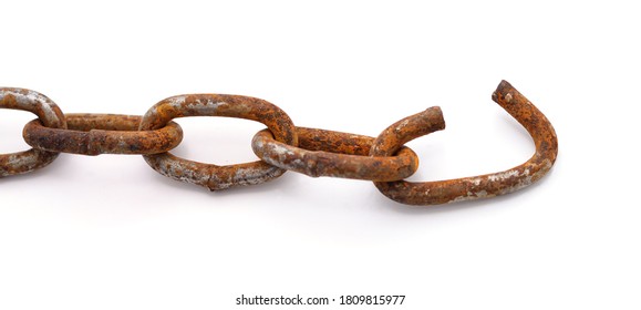 Torn rusty chain isolated on a white background.