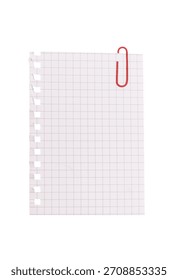 A torn sheet of squared notebook paper with a red paperclip isolated on white background — perfect for school, office, planning, or creative note-taking concepts.