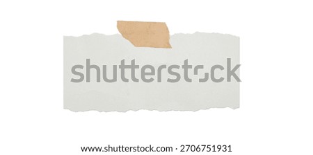 Torn White Paper Note with Brown Adhesive Tape Isolated on White Background, Realistic Ripped Paper Texture Scrap for Design, Collage, Scrapbook, Message, Craft, and Office Projects	
