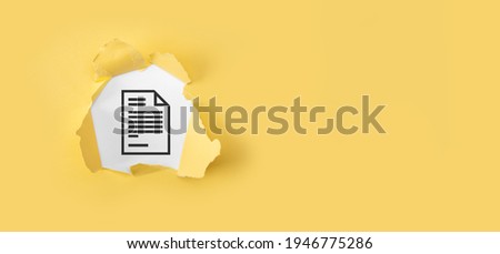 Torn yellow paper with document on white background.Document Management Data System Business Internet Technology Concept. Corporate data management system DMS.