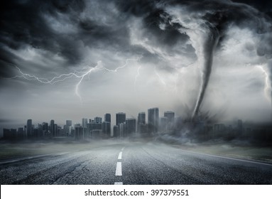 Tornado On The Business Road - Dramatic Weather On City

