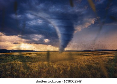 Tornado severe weather destroyed a grain field. Hurricane and destruction