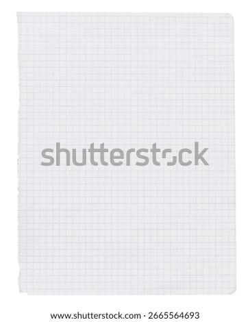 Torn-out checkered notebook page template isolated on transparent background. Ripped teared edge. Empty note paper mockup. Writing, notes, school or organization concept. Cut out graphic object