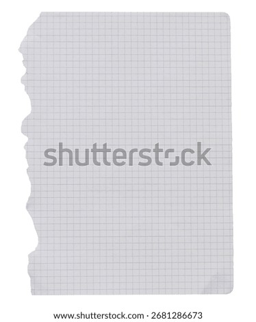 Torn-out checkered notebook page template isolated on transparent background. Ripped teared edge. Empty note paper mock up. Writing, notes, school, message concept, cut out graphic object