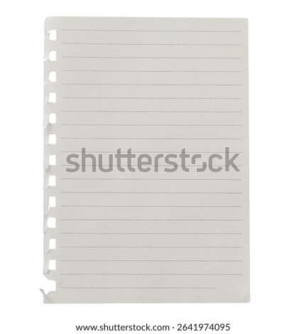 Torn-out lined notebook page with visible binder holes on left edge, isolated on transparent background. Empty note paper mockup. Writing, notes, school or organization concept, cut out graphic object