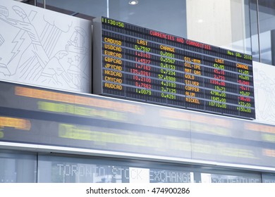 TORONTO - AUGUST 8, 2016: The Currency Exchange Rates Displayed At The Toronto Stock Exchange With Stock Ticker In Blurred Motion Underneath.