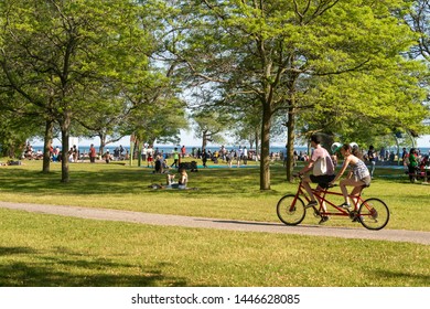 Toronto, CA - 22 June 2019: People Riding Bikes At Toronto Centre Island In Summer.