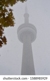 Toronto, Canada : 2019 
Silhouette Or Shadow Of CN Tower Seen During Heavy Snow Fall Or Blizzard Storm In Toronto. Located In Downtown, It's A Prominent Sign Of The Skyline.