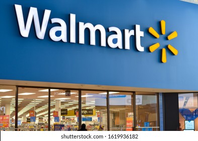 Toronto, Canada, 2020. Walmart storefront. Walmart Inc. is American retail corporation operates hypermarkets, discount department and grocery stores. Fortune 500 company, also largest employer in USA