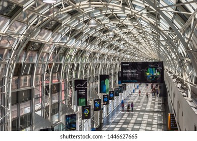 Toronto, Canada - 22 June 2019:  People Walking Through The Skywalk In Union Station.