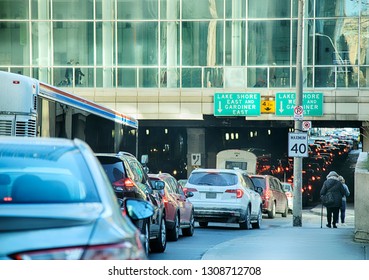 TORONTO, CANADA - 22TH NOVEMBER 2018: Toronto Urban Highway Traffic Jam. Cars On Road In Toronto, Canada  