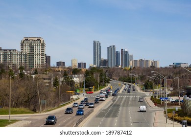 TORONTO, CANADA - 28TH APRIL 2014: A High View Showing Traffic Along Sheppard Avenue And Modern Condos In The Background In Uptown Toronto