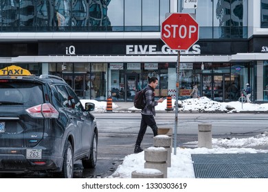 Toronto Canada- 3 March 2019 : Uptown Toronto Pedestrian On Yonge St. And Traffic