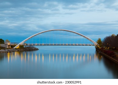 TORONTO, CANADA - 30TH OCTOBER 2014: A view of Humber Bridge at Dusk showing reflections in the water