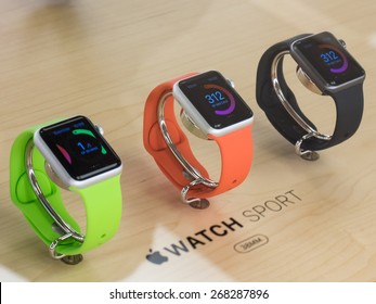 TORONTO, CANADA - APRIL 10, 2015: A couple of new Apple Watch Sport sit at the retail store. Apple begins the Apple Watch pre-order at the Canadian retail stores this day.