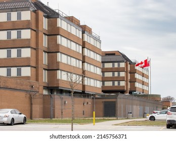 Toronto, Canada, April 13, 2022; The bleak high rise with barred windows Toronto East Detention Centre jail in Scarborough