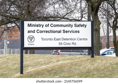 Toronto, Canada, April 13, 2022; The sign at the entrance to the bleak high rise Ministry of Community services and Correctional services of Ontario Toronto East Detention Centre jail in Scarborough