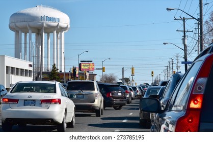 TORONTO, CANADA - APRIL 18, 2015: Traffic Jam Near Water Tank In Eastern Toronto, Canada.