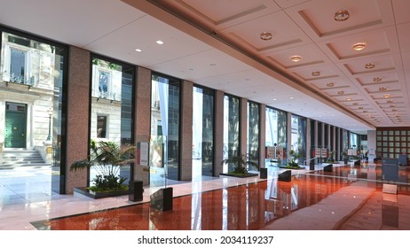 Toronto, Canada, April 18, 2021: Empty Corporate Business Office Building Interior During Covid In Toronto Downtown