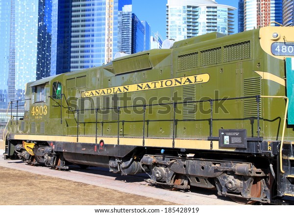 TORONTO, CANADA - APRIL 2,\
2014: Old train at the Roundhouse Park in Toronto. Roundhouse Park\
is a 17 acre park in Downtown Toronto in the former Railway\
Lands.