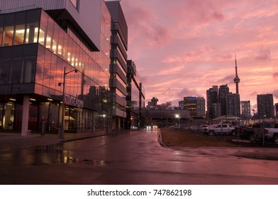 TORONTO, CANADA - APRIL 2015: Sunset Street View With George Brown College And CN Tower