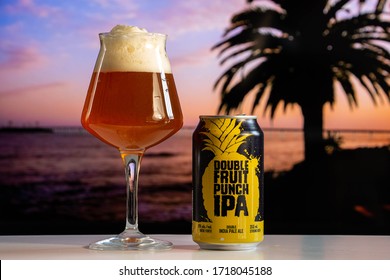 Toronto / Canada - April 28, 2020: Microbrasserie Vox Populi Double Fruit Punch IPA Beer In A Can And Poured Into A Teku Glass.