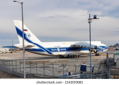 Toronto, Canada, April 4, 2022; Russian Antonov An124 Volga-Dnepr 4 Engine Heavy Lift Cargo Jet On The Tarmac At Toronto Pearson YYZ Airport