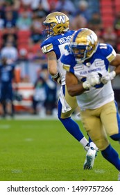 Toronto, Canada - Aug 1, 2019: Winnipeg Blue Bombers Quarterback Matt Nichols (15) Getting His Feet Set During Winnipeg Blue Bombers At Toronto Argonauts Game At BMO Field In Toronto, ON