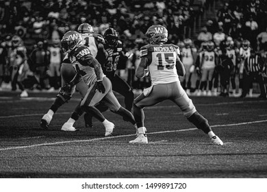 Toronto, Canada - Aug 1, 2019: Winnipeg Blue Bombers Quarterback Matt Nichols (15) Throwing Down Field During Winnipeg Blue Bombers At Toronto Argonauts Game At BMO Field In Toronto, ON