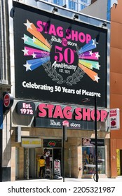 Toronto, Canada - August 12, 2022: Stag Shop, An Adult Fun Store Featuring Sex Toys, On Yonge Street With Sign For 50th Year Anniversary. 