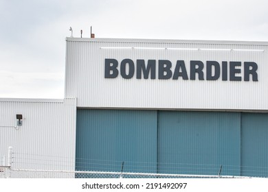 Toronto, Canada, August 17, 2022; The Canadian Airplane Manufacturer Bombardier Brand Sign On The Q400 Aircraft Factory At The Downsview Airport