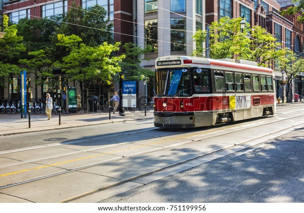 TORONTO,
CANADA - AUGUST 24, 2017: City transportation: streetcar. Toronto
streetcar system comprises eleven streetcar routes in Toronto,
operated by Toronto Transit Commission
(TTC).