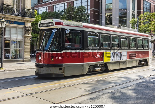 TORONTO,\
CANADA - AUGUST 24, 2017: City transportation: streetcar. Toronto\
streetcar system comprises eleven streetcar routes in Toronto,\
operated by Toronto Transit Commission\
(TTC).