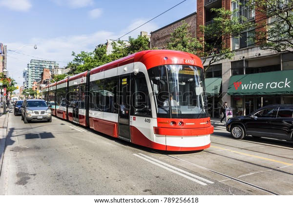 TORONTO,\
CANADA - AUGUST 24, 2017: City transportation: streetcar. Toronto\
streetcar system comprises eleven streetcar routes in Toronto,\
operated by Toronto Transit Commission\
(TTC).