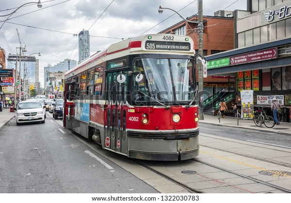 TORONTO,\
CANADA - AUGUST 25, 2017: City transportation: streetcar. Toronto\
streetcar system comprises eleven streetcar routes in Toronto,\
operated by Toronto Transit Commission\
(TTC).