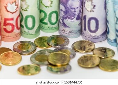 TORONTO CANADA - DEC 6, 2019: Canadian $50, $20, $10 Dollar Bills And Canadian Coins