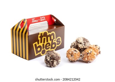 Toronto Canada, December 1, 2021; Canadian coffee chain Tim Horton's new flavors of Tim Bits treats resulting from a promotion with Canadian Native
singer Justin Bieber, now referred to as Tim Biebs