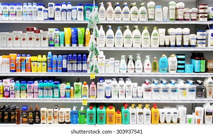 TORONTO, CANADA - DECEMBER 24, 2014: Skincare And Cosmetic Products On Display In A Department Store. Skincare And Makeup Products Are The Largest Part Of Cosmetic Market In The World.