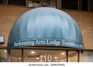 Toronto, Canada, December 29, 2021; The Curved Awing And Sign At The Entrance To The Performing Arts Lodge In Toronto, A Senior Living Facility For Members Of The Performing Arts Community