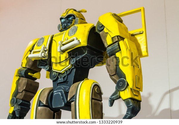 TORONTO CANADA - FEB 23 2019: Volkswagen brought\
a 15 foot tall Bumblebee replica at the Canadian International Auto\
Show in Toronto