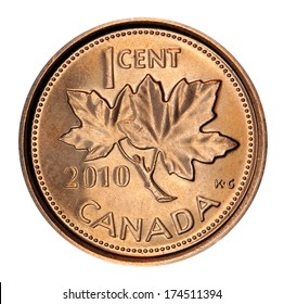 TORONTO, CANADA - FEBRUARY 1, 2014:  The Canadian one cent coin carries the picture of the national symbol, the maple leaf.