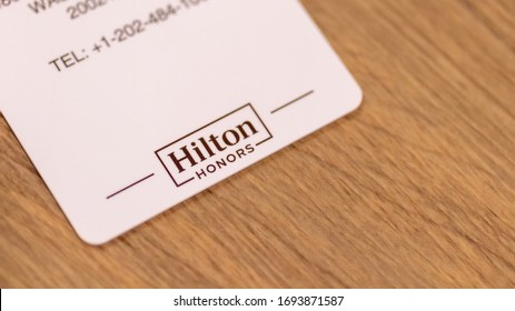 TORONTO, CANADA - February 19, 2020: Hilton Honors Logo, A Rewards Program By Hilton Hotels On The Back Of A Hotel Keycard.